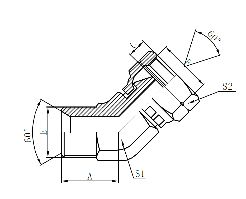 2B4-BSP Male 60° seat × BSP Female 60° Cone Seal (45° Elbow)