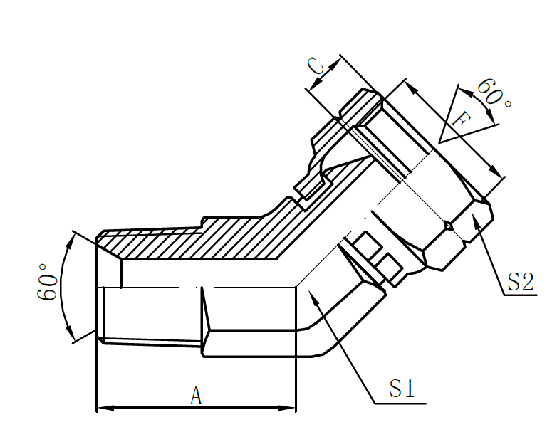 2NB4- NPT Male × BSP Female  60° Cone   (45° Elbow)