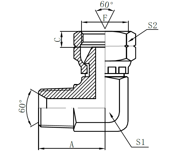2NB4- NPT Male × BSP Female  60° Cone   (45° Elbow)