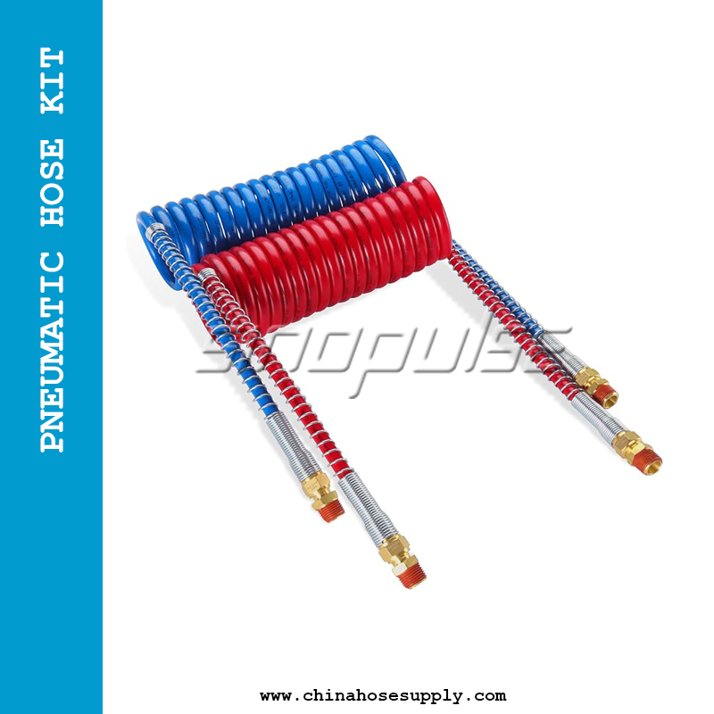 Air Brake coil Hose Assembly kit 15 FT Air Lines Red Blue Hoses for Semi Truck Tractor Trailer,1/2″ NPT DOT Fittings (15′ Length x 12″ )